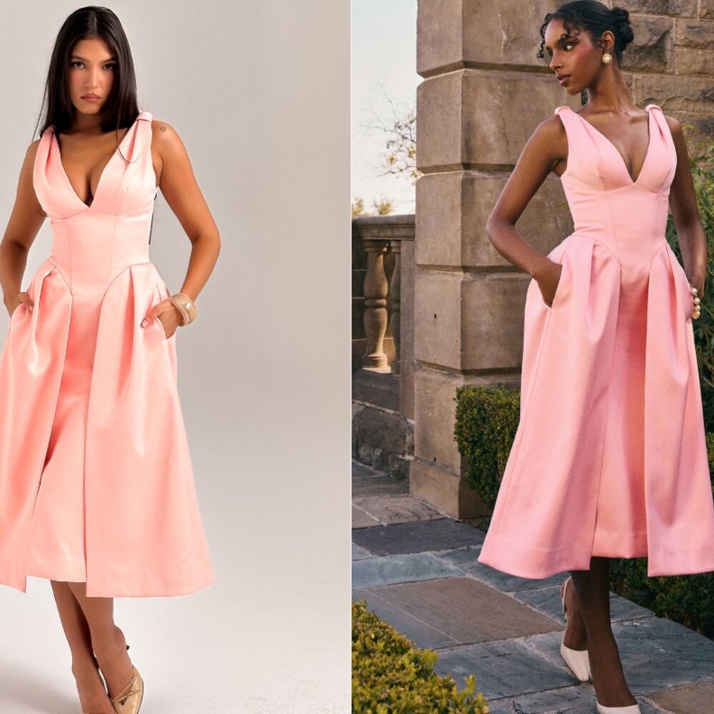 House of CB 'Paloma' peach satin pleated midi dress NWT